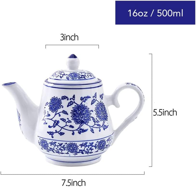 123Arts Tetera pequeña de cerámica azul y blanca, tetera retro con tapa, 16.9 fl oz, 16.5 onzas