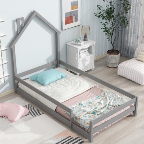 Base de cama individual para niños, cama Montessori de tamaño individual con cabecera y barandillas en forma de casa, camas de madera de tamaño
