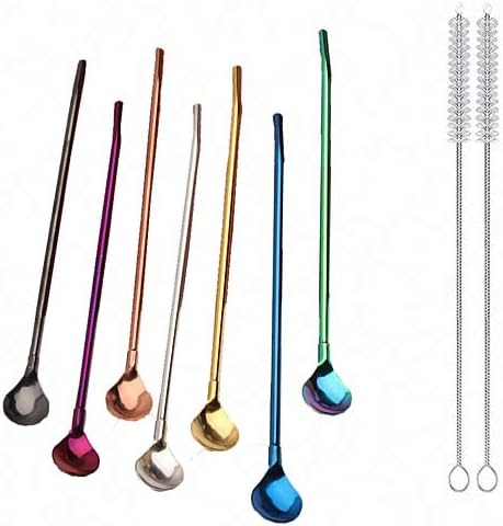 7 popotes de metal para beber con 2 cepillos de limpieza de 8.5 pulgadas, cuchara de barra reutilizable para café helado, bebida congelada, batidos,