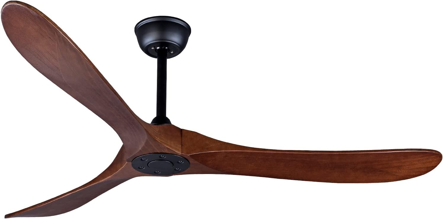 Ventilador de techo para exteriores de 60 pulgadas sin luz, motor CC de bajo consumo, 3 aspas de madera maciza, ventilador de techo de madera con