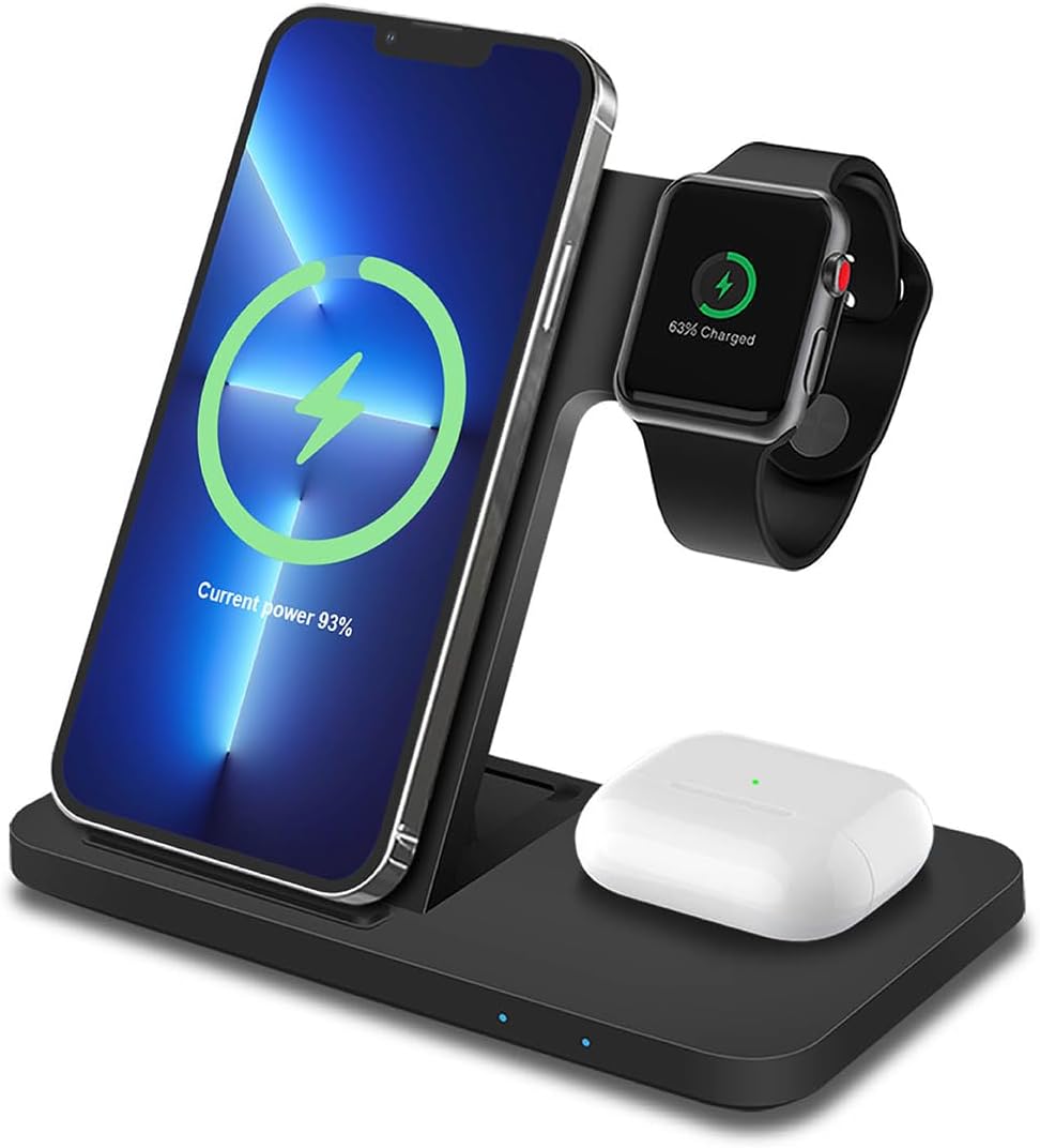 MMOBIEL Estación de carga inalámbrica compatible con iPhone, Apple Watch y AirPods – Soporte de cargador inalámbrico 3 en 1 de 18 W compatible con