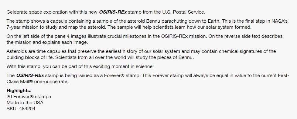 US Stamps SC#5820 2023 Osiris-REx Forever Stamps – Hoja20 – Sellos MNH VF