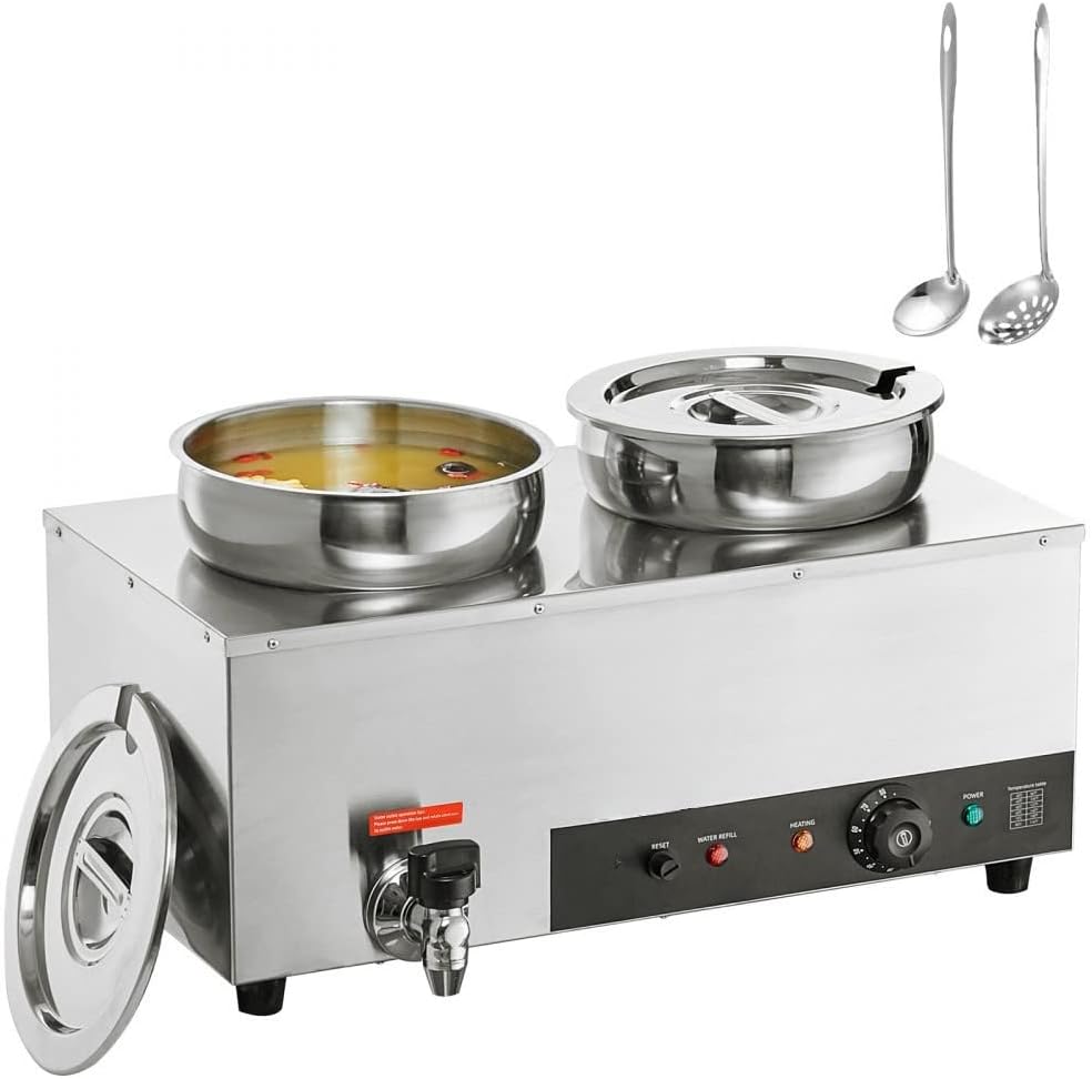Calentador de sopa doble olla comercial Bain Marie, botón anti-quemadura y reinicio en seco, acero inoxidable 1200W, estación de buffet de
