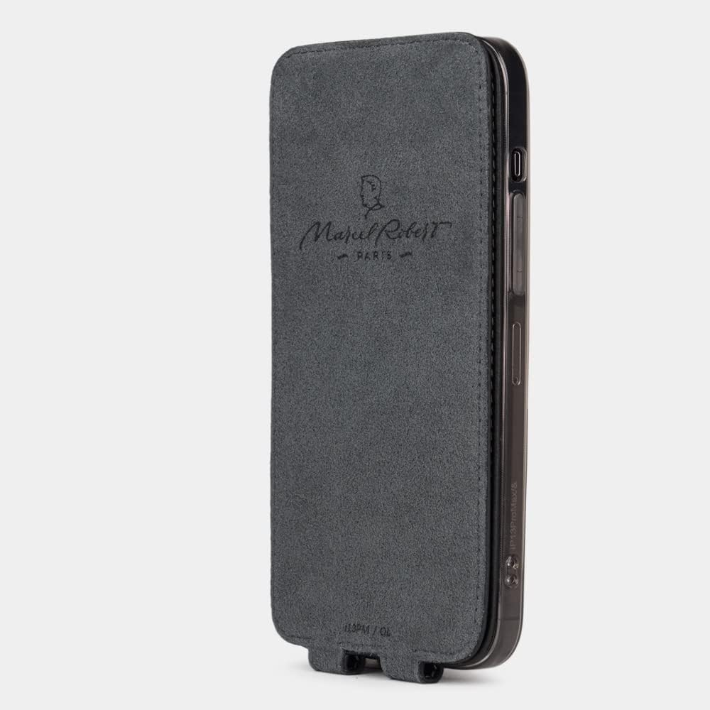 Marcel Robert – Funda de piel con tapa para iPhone 13 – Modelo patentado – Fabricado en Francia – Negro