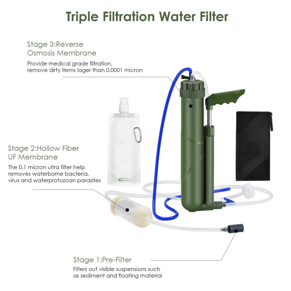 Generic Bomba de filtro de agua portátil para exteriores, filtración de 3 etapas a 0.01 micrones, fabricada con acero inoxidable SUS 304