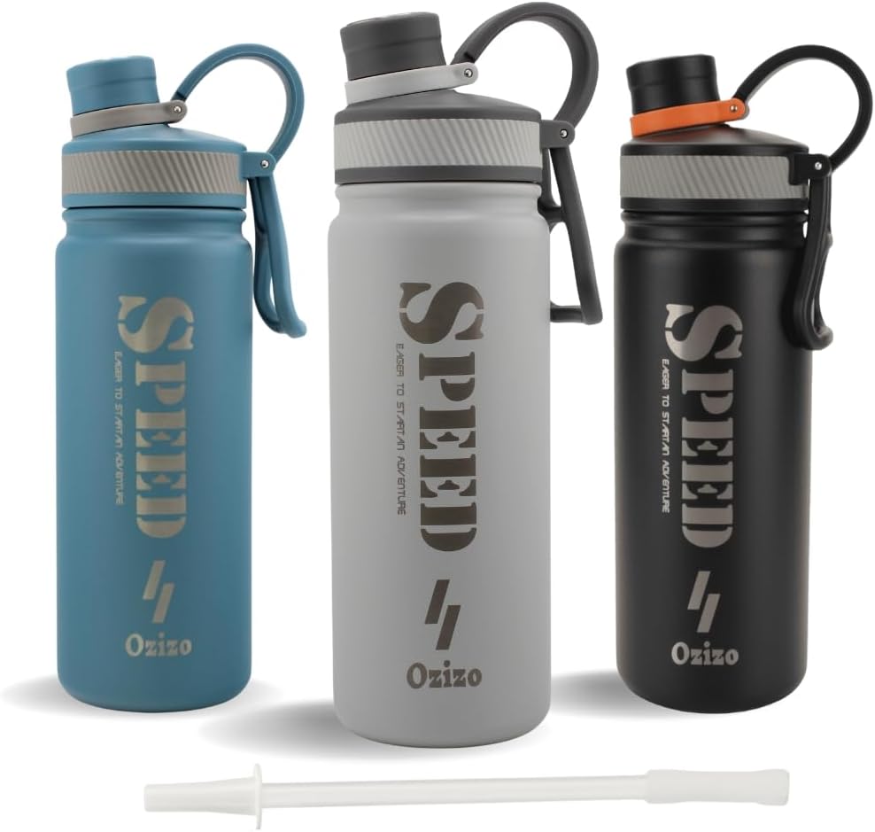 Botella de agua deportiva aislada, tapa con popote, botella deportiva de acero inoxidable de 22 onzas, doble pared con tapa a prueba de fugas