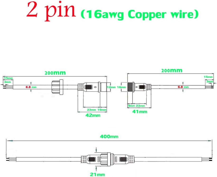 YETOR Conectores impermeables de 2 cables, conector LED macho hembra de 16 AWG con conectores impermeables de 2 pines, cable de extensión IP68 de