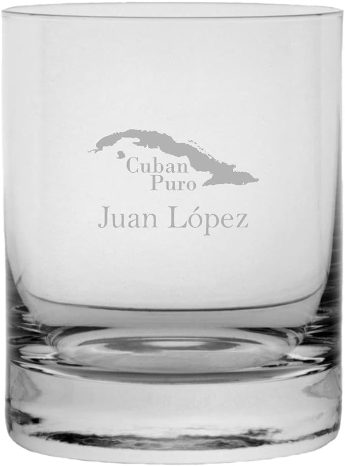 Juan López – Vaso de whisky con diseño de cigarros cubanos grabado, 11 onzas