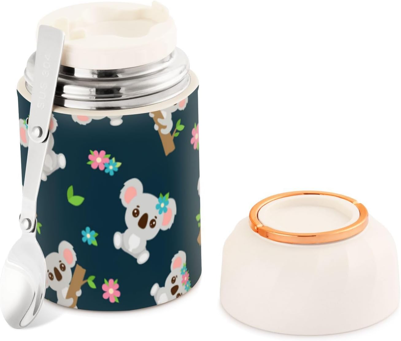 Lindos koala con corona floral para niños y mujeres, recipientes aislados para alimentos con cuchara de 17 oz16.9 fl oz, recipientes de almuerzo