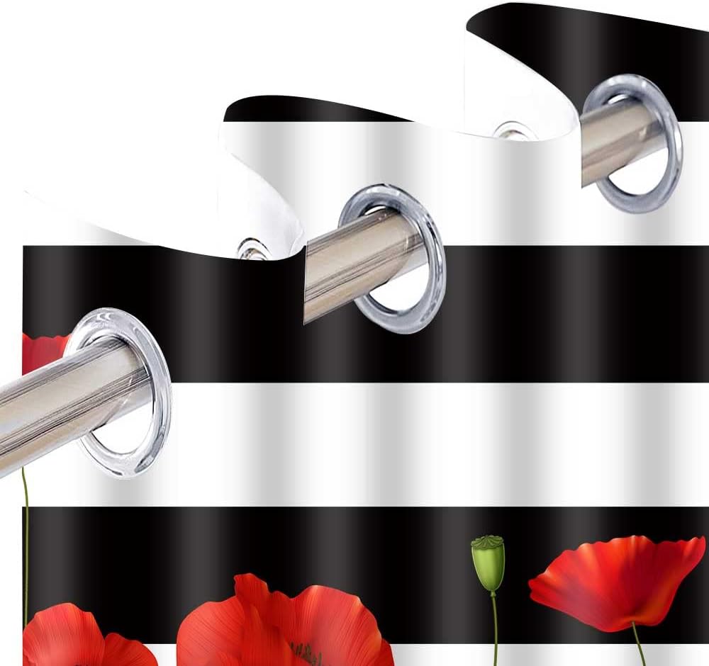 CLOKEO0343 – Cortina de amapola con diseño de flores rojas, rayas blancas y negras, para oscurecer la habitación, con aislamiento térmico y ojales,