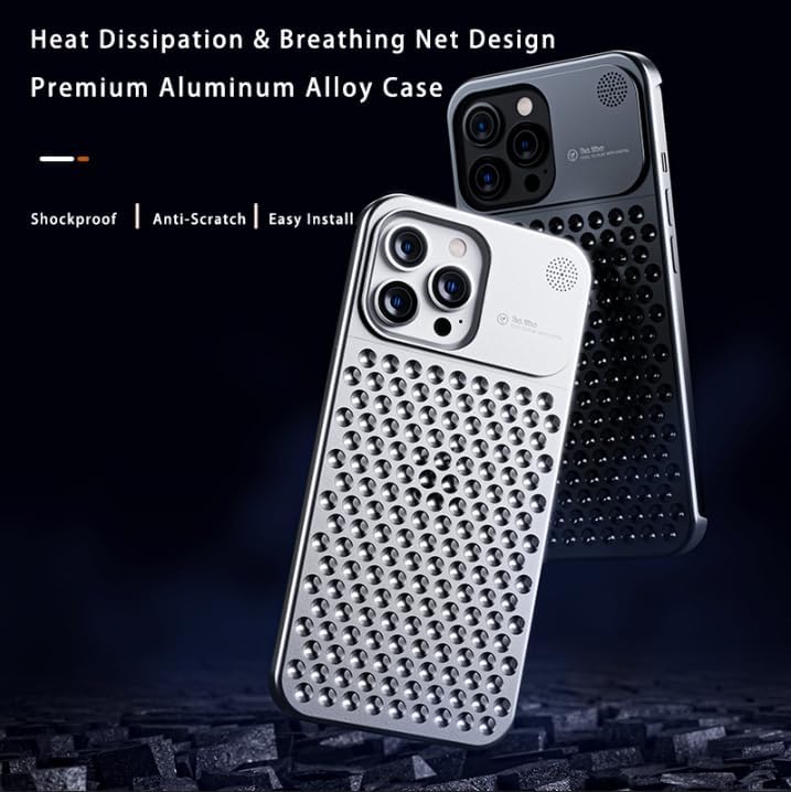 GEJRB Funda de aleación de aluminio para iPhone 15 Pro Max de 6.7 pulgadas, carcasa de aleación de metal de disipación de calor, antiarañazos,