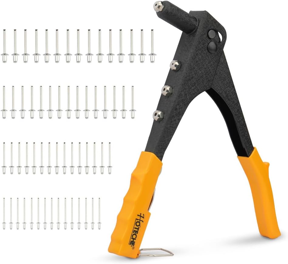 Hoteche Juego de pistola remachadora 4 en 1 de alta resistencia de 10.5 pulgadas, adecuado para metal, plástico y cuero con 60 remaches – 332