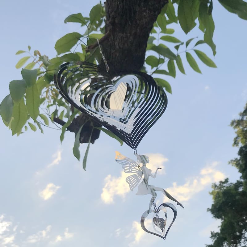 HZSprance Molinillo de viento de acero inoxidable, diseño de corazón de amor en 3D, impresionante efecto 3D, decoración de ángel colgante para