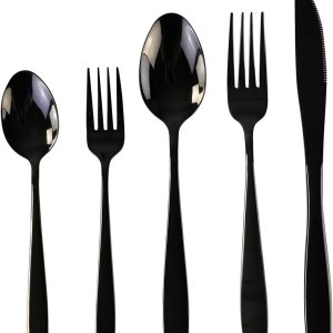 Juego de cubiertos negros de acero inoxidable, 60 piezas para 12 Juego de cubiertos negros de acero inoxidable, 60 piezas para 12