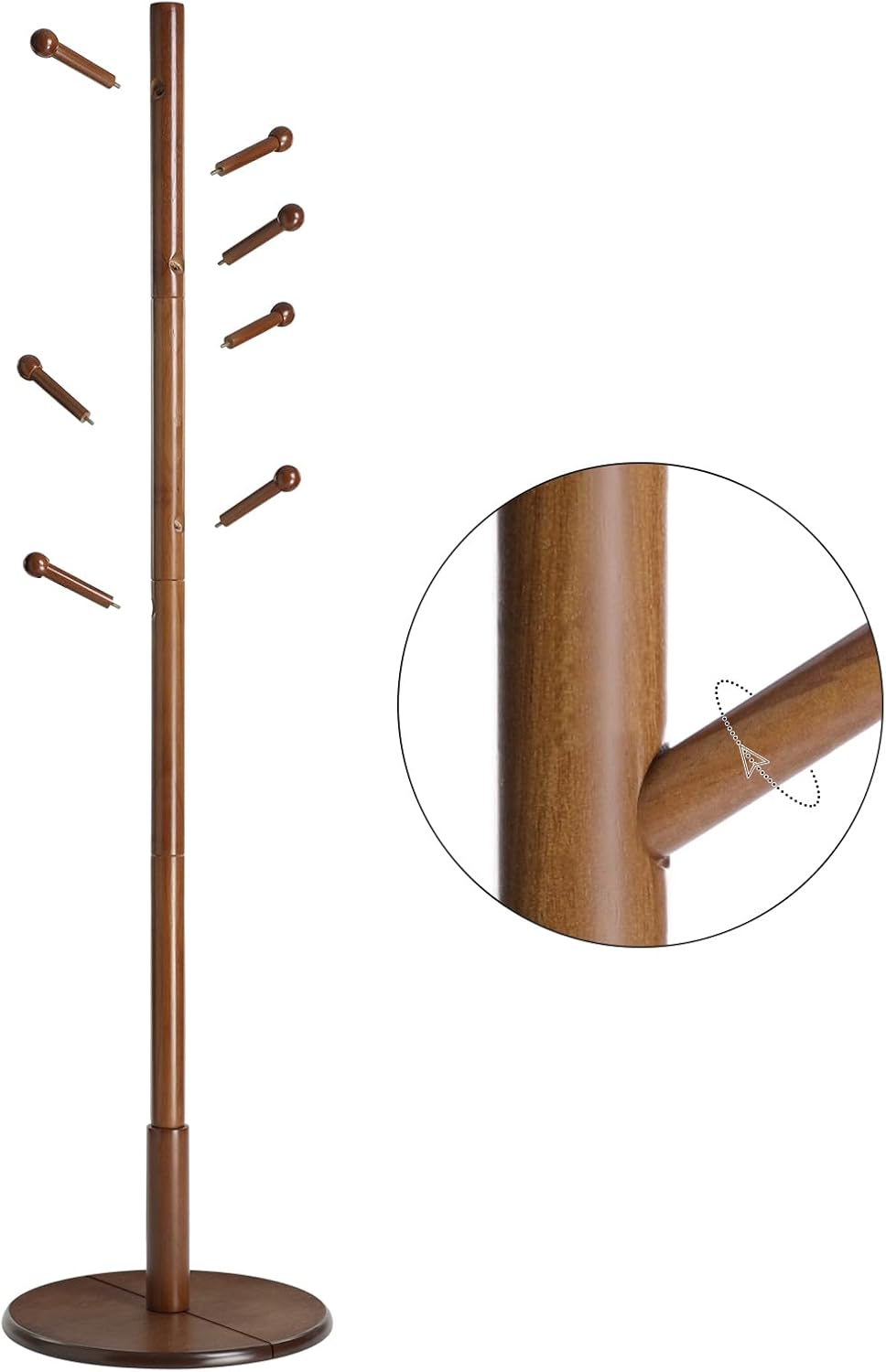 VASAGLE Perchero de madera maciza, árbol de pasillo de madera, perchero con 7 ganchos redondeados, base redonda estable, 3 opciones de altura, para