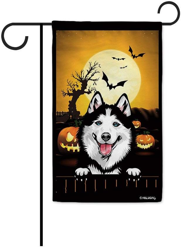 MALIHONG Bandera de jardín de calabaza de feliz Halloween Jack O’Lantern con perro, husky siberiano, Halloween, murciélago, Boo, bandera decorativa