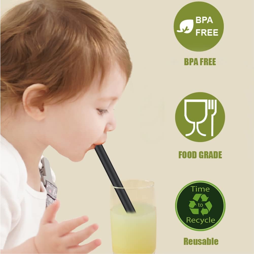ALINK Pajitas Boba reutilizables de silicona negra, paquete de 4 popotes extra anchos para té de burbujas, batidos, perlas de tapioca con cepillo de
