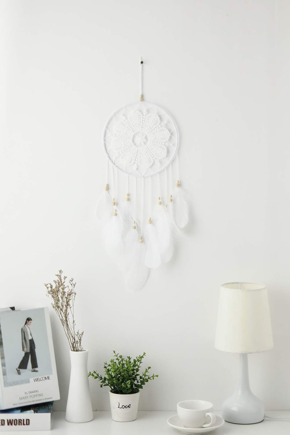 Atrapasueños blancos para dormitorio, decoraciones colgantes hechas a mano con plumas blancas de encaje atrapasueños móvil para decoración de