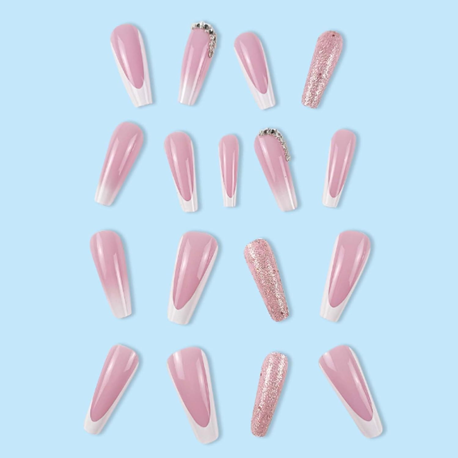 Uñas postizas largas tipo ataúd, uñas francesas blancas a presión, puntas de uñas degradadas, uñas postizas acrílicas con purpurina para mujeres y