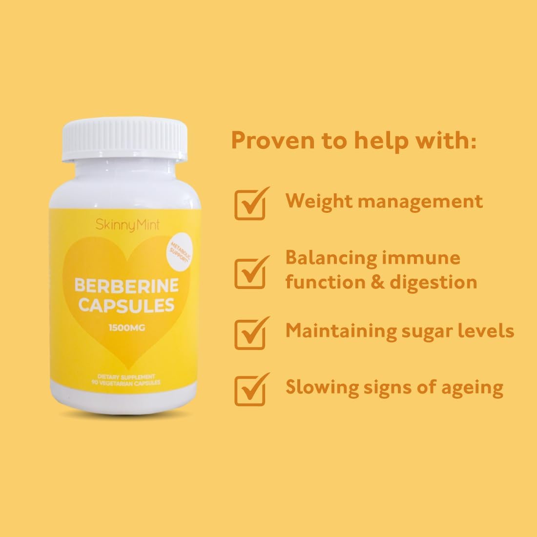 SkinnyMint Suplemento de berberina de 1500 mg por porción, berberina para apoyo general de la salud  Sin gluten, veganas, cápsulas vegetarianas (90