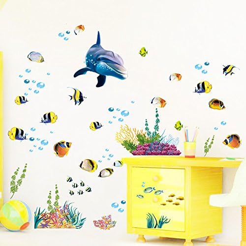 Calcomanías de pared con temática de océano, diseño de peces lindos peces azules, pasto marino, coral, multicolor, para cuarto de bebé, habitación