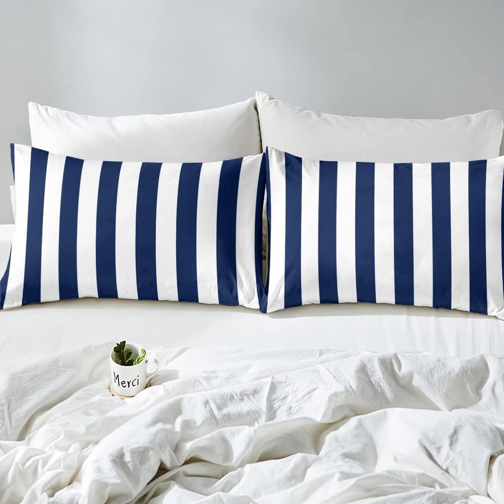 Juego de ropa de cama a rayas azules y blancas para niños, tamaño individual, color azul marino, juego de edredón de rayas verticales azul marino,