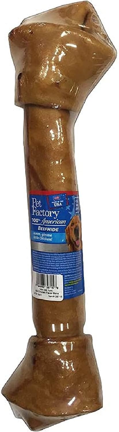 Pet Factory 100% hecho en Estados Unidos piel de res de 15 pulgadas con hueso anudado para masticar, sabor a pollo, 1 unidad1 paquete