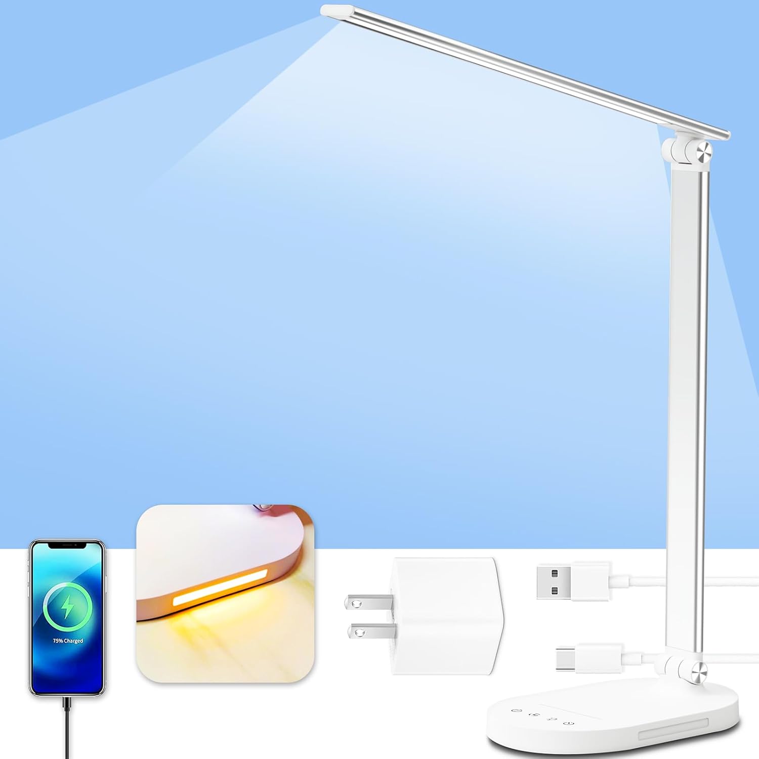Lámpara de escritorio, luz de lectura, lámpara de mesa con puerto de carga USB, luz nocturna, temporizador de 60 minutos, 6 W, 5 modos, lámpara de
