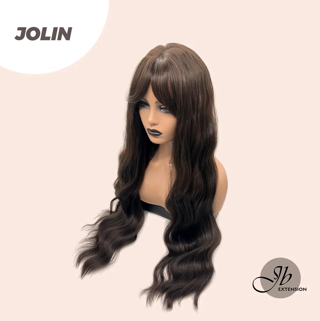 JOLIN – Peluca de cabello ondulado extra largo color marrón natural con flequillo en capas, ondulado, sin pegamento, pelucas de cabello largo para