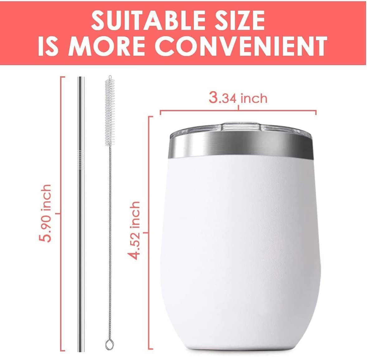 Vaso de vino de 12 onzas con tapa con pajita, vaso de vino de acero inoxidable, doble pared aislada al vacío, tazas de viaje sin tallo, color negro