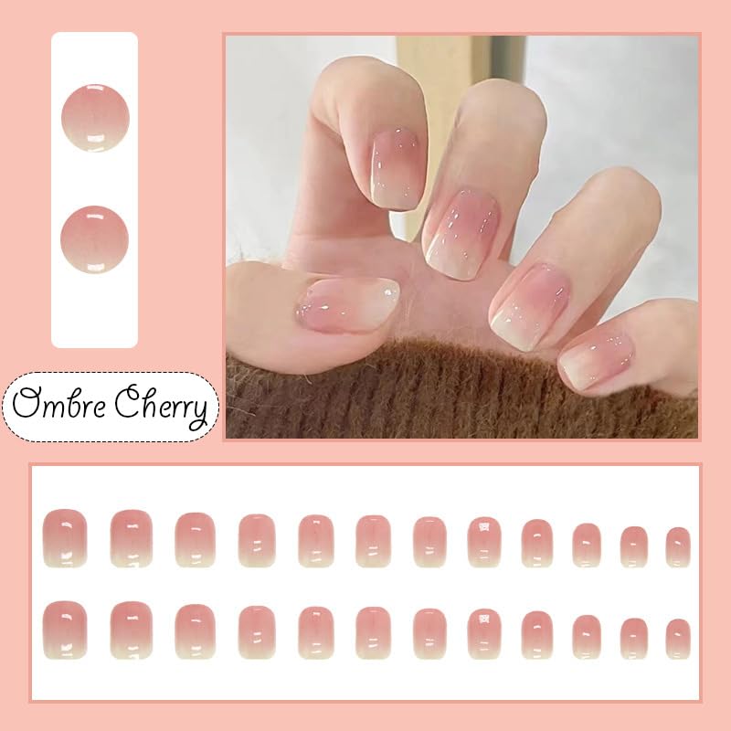 KemyFei – Uñas postizas a presión degradadas brillantes, uñas postizas minimalistas con pegamento de gelatina, reutilizables, 24 unidades, cobertura