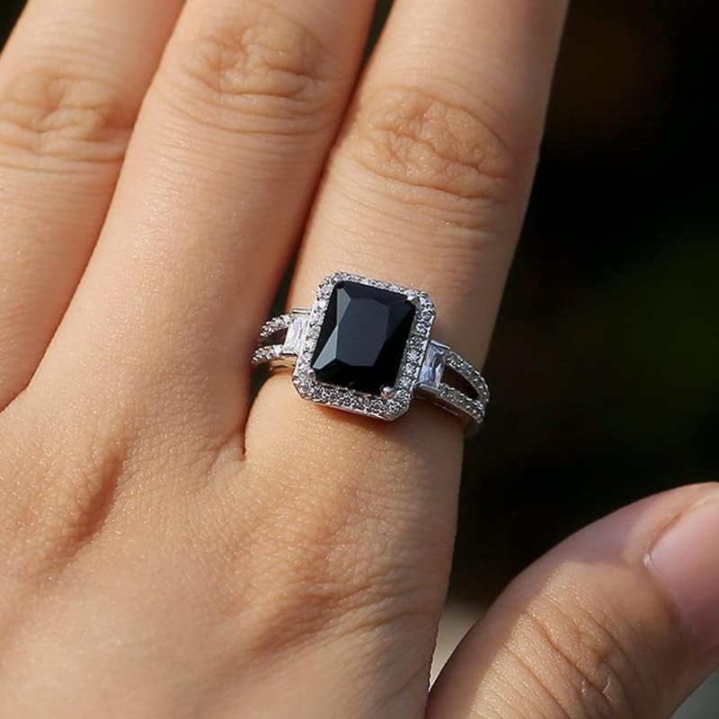 DOCCESTU Anillo de plata de ley 925 brillante con diamantes de corte cuadrado, ónix negro y diamante de circonita cúbica, anillo de compromiso hecho