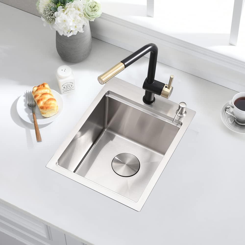 SOMRXO Fregadero de barra de acero inoxidable de 15 pulgadas x 20 pulgadas, fregadero de cocina de montaje superior de 15 x 20 pulgadas, fregadero