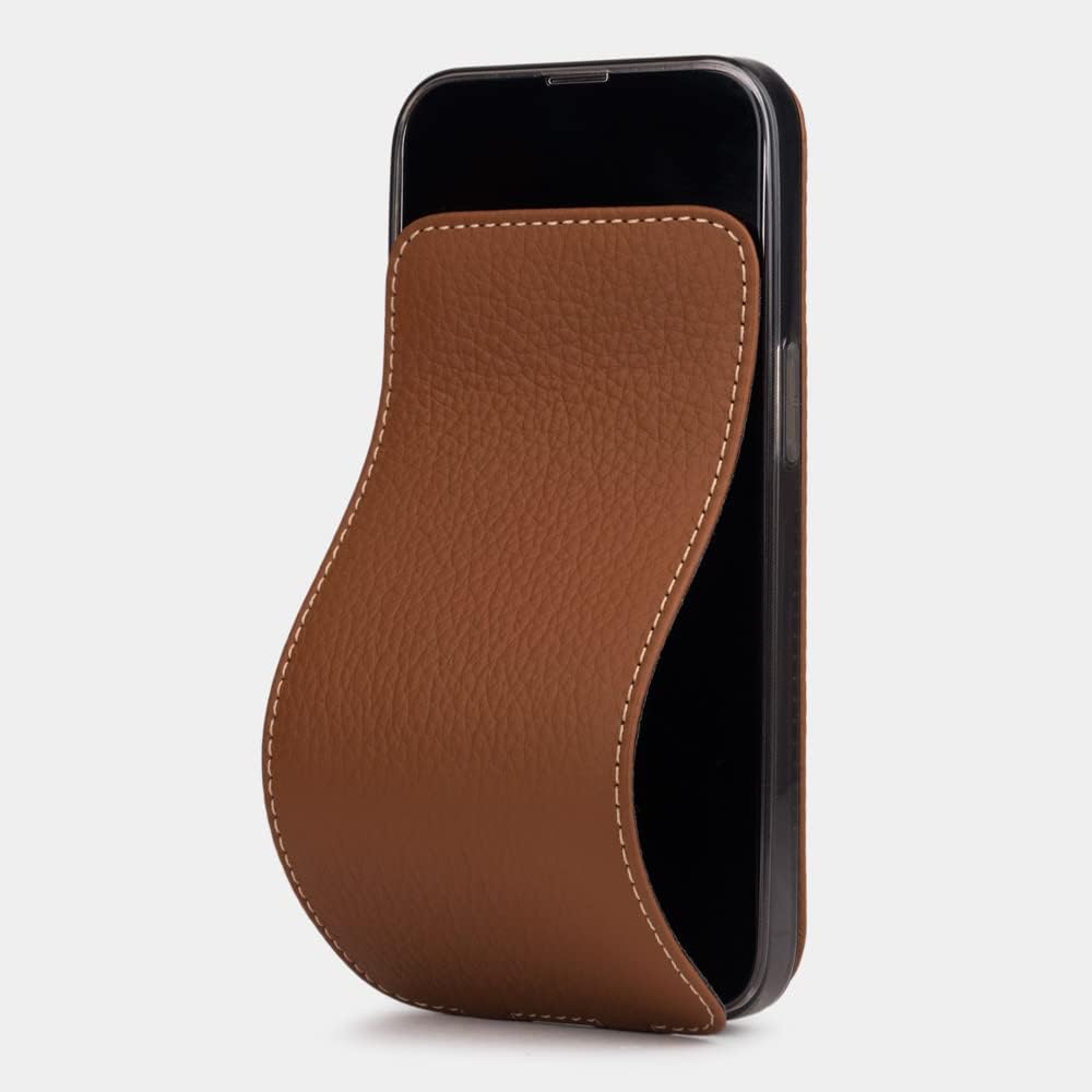 Marcel Robert – Funda con tapa de piel auténtica para iPhone 14 Pro – Modelo patentado – Fabricado en Francia – Caramelo