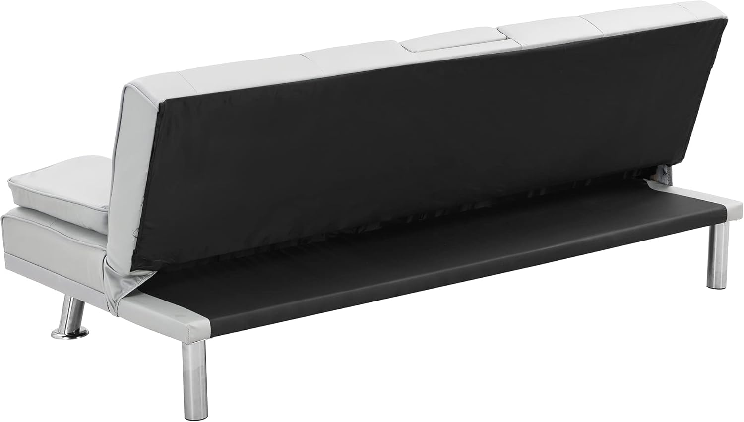 Futón, sala de estar de cuero moderna, sofá biplaza plegable convertible, sofá cama extraíble con 2 portavasos con reposabrazos en el medio, blanco