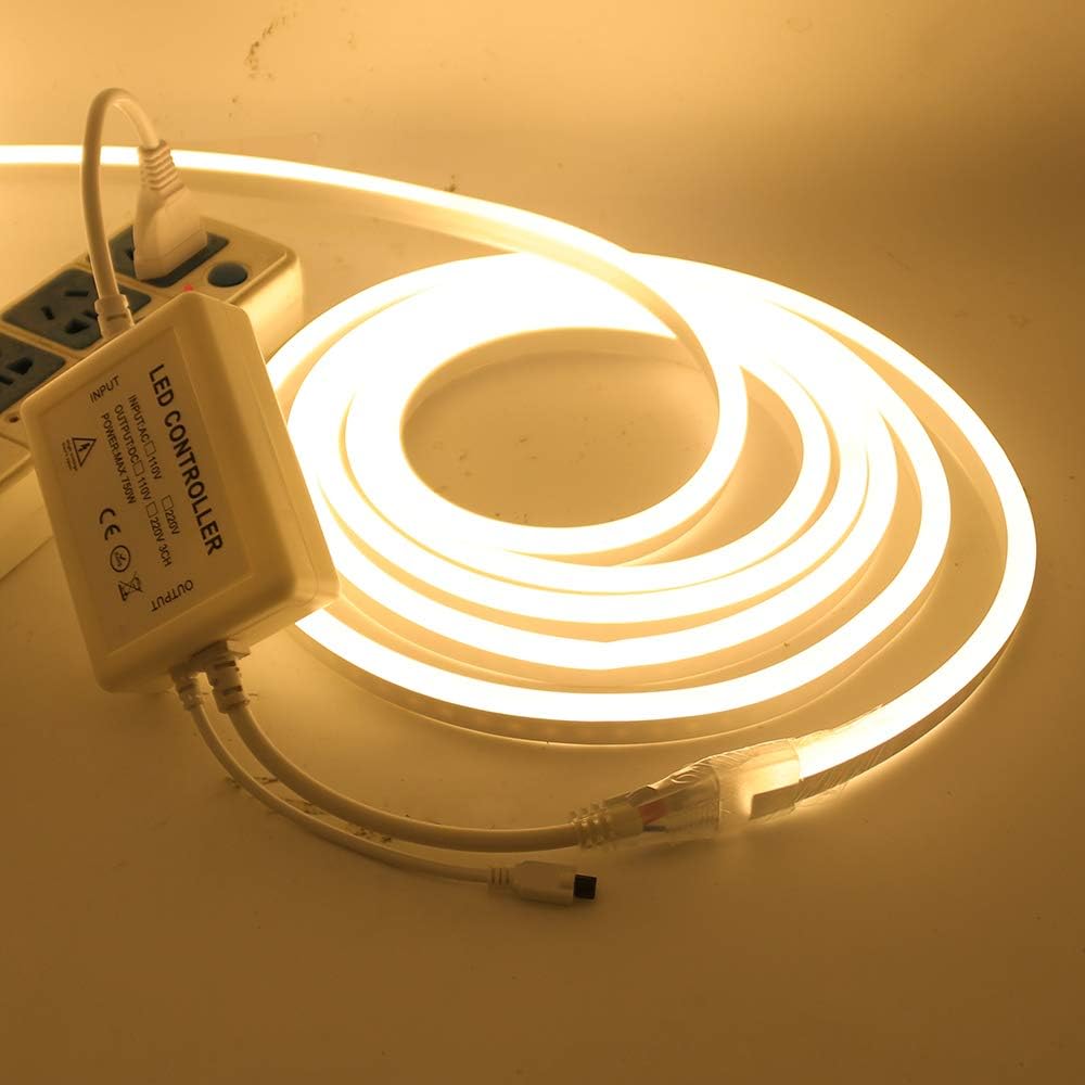 Xunata Luz LED de neón, regulable CA 110-120V flexible luces de neón LED, 3500K blanco cálido 120 LEDsM, 40 pies39.4 ft impermeable 2835 SMD LED