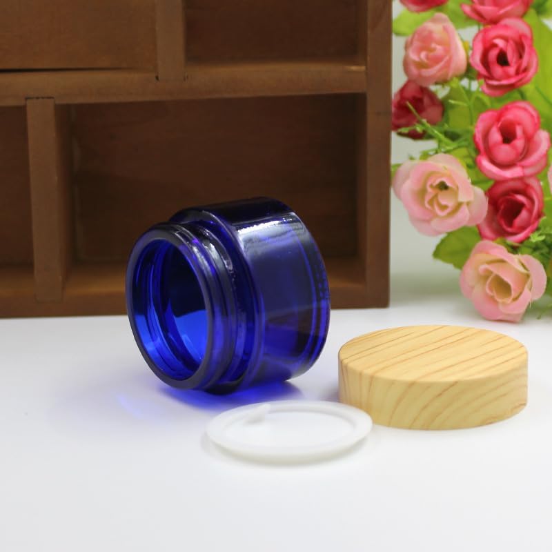 Paquete de 4 tarros de vidrio azul de 1.76 oz con tapas, tarros de crema recargable, tarros de crema cosmética, recipientes vacíos redondos para