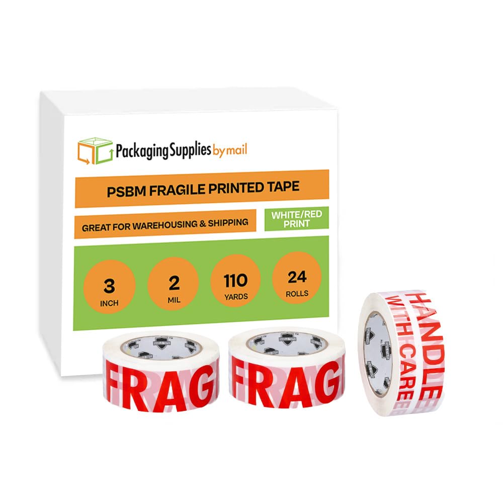 PSBM – Cinta frágil, 3 pulgadas x 110 yardas, paquete de 24, mango frágil con cuidado impreso en letras rojas en cinta blanca, ideal para envío y