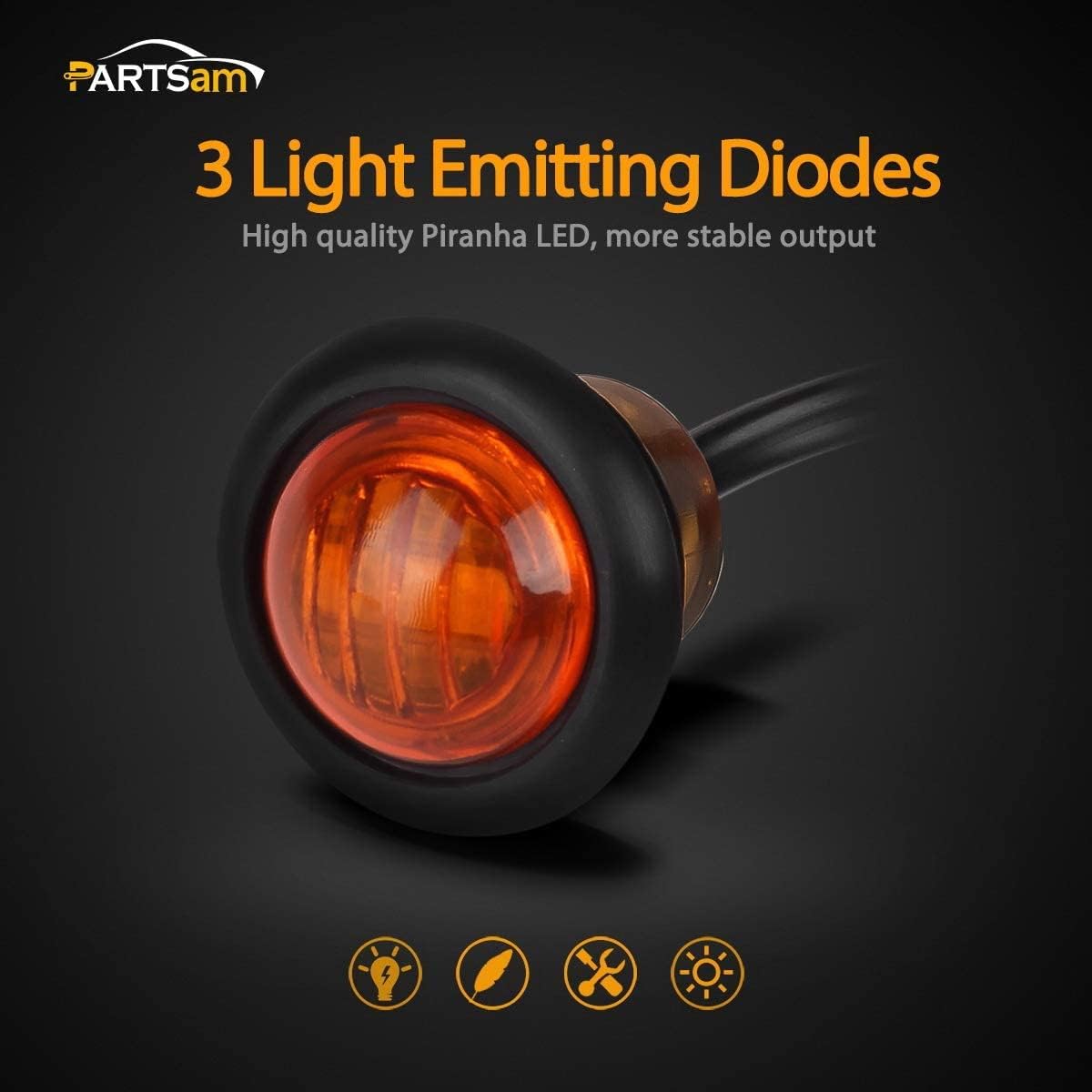 Partsam 10 luces de marcador LED ámbar redondas de 34 pulgadas, luces de señal de giro de 3 cables para camioneta remolque, sellado impermeable,