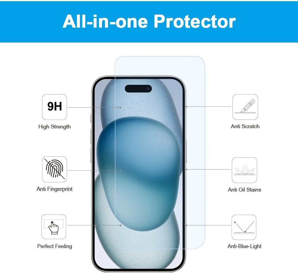 Protector de pantalla para iPhone 15 ProiPhone 15, bloqueo de luz azul, vidrio templado de dureza 9H antiluz azul, paquete de 2