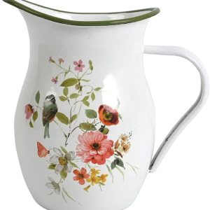 Jarra esmaltada con mango ancho y borde verde, jarrón esmaltado rústico, patrón de flores y pájaros, jarra de metal de granja, decoración vintage Jarra esmaltada con mango ancho y borde verde, jarrón esmaltado rústico, patrón de flores y pájaros, jarra de metal de granja, decoración vintage