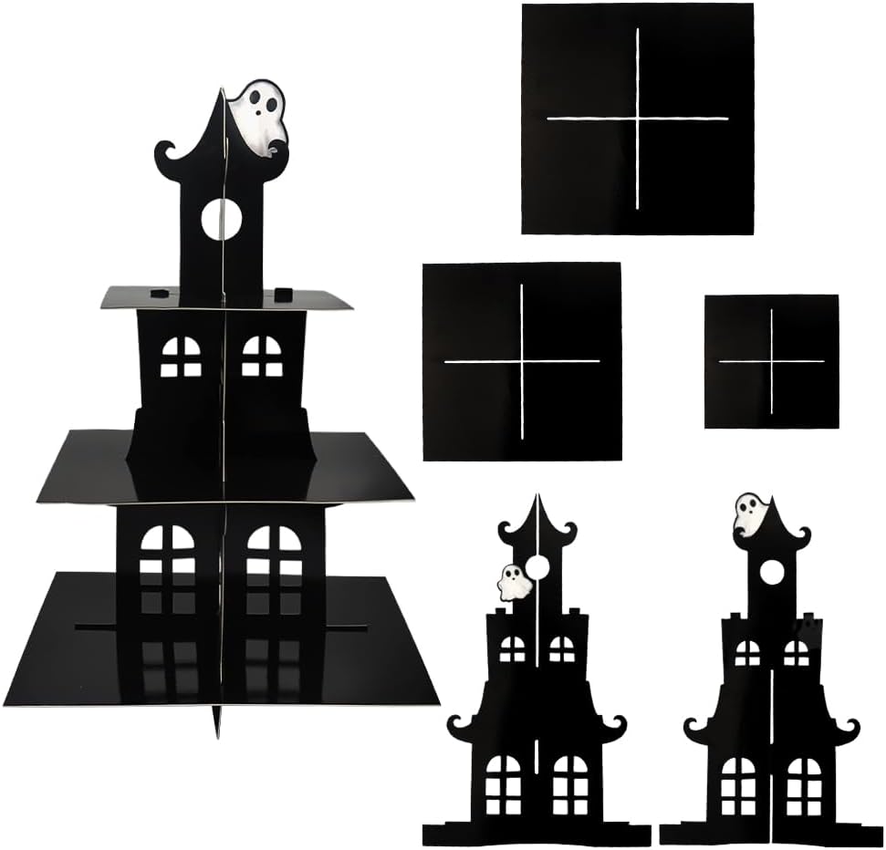 ALIBBON Soporte para cupcakes de Halloween, torre de 3 niveles para cupcakes, soporte para postres de cartón negro, bandeja para servir cupcakes de