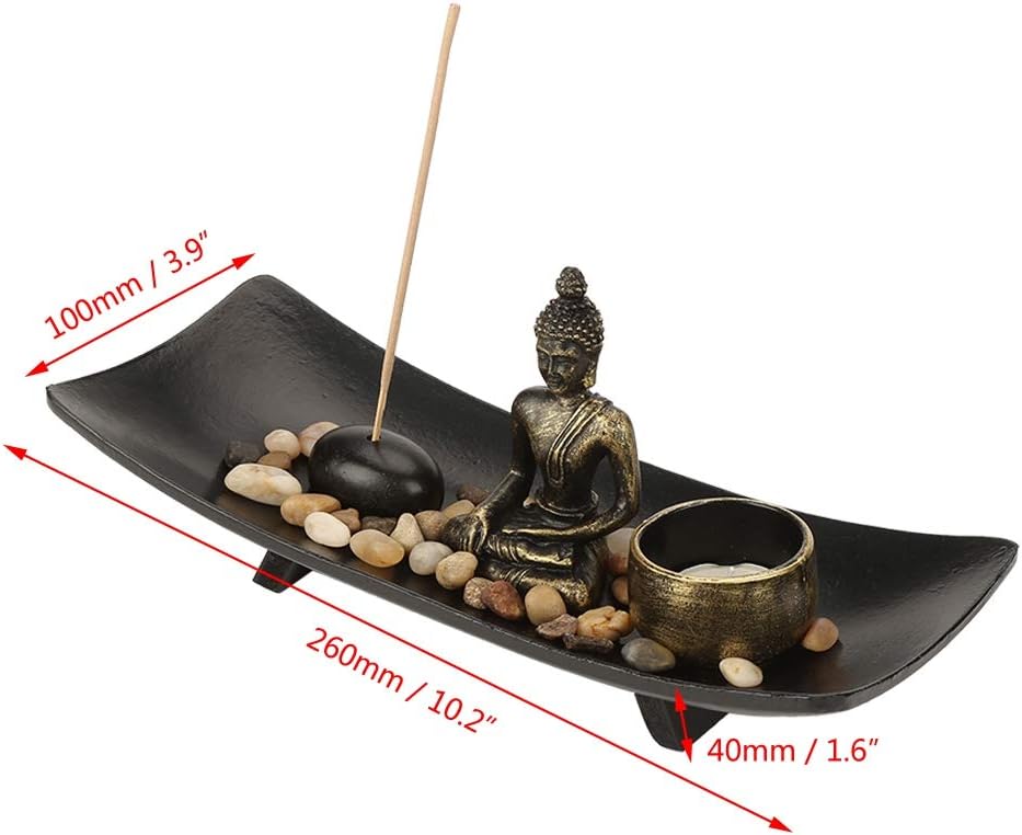 Juego de velas de Buda con Buda de resina, soporte de candelita de cristal, barra de incienso y soporte, piedras decorativas para decoración del