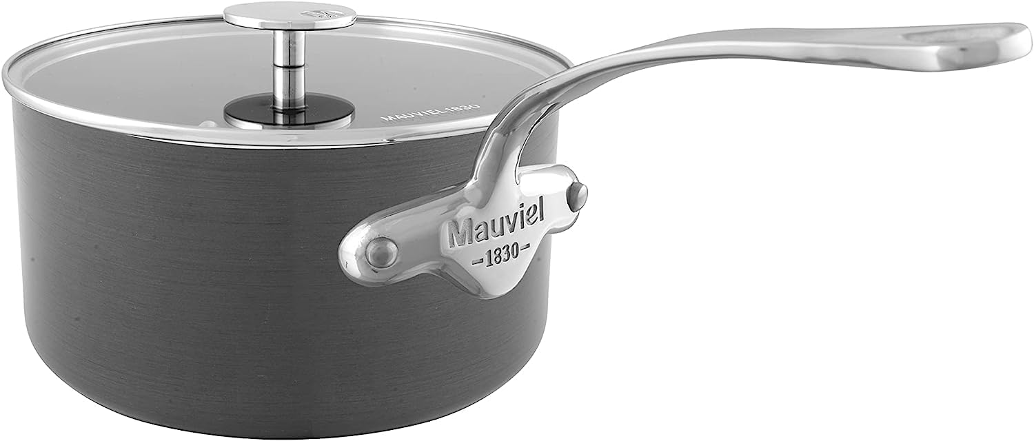 Mauviel M’Stone 3 – Sartén antiadherente anodizada dura con tapa de vidrio y asas de acero inoxidable fundido, 1.3 cuartos de galón, fabricada en