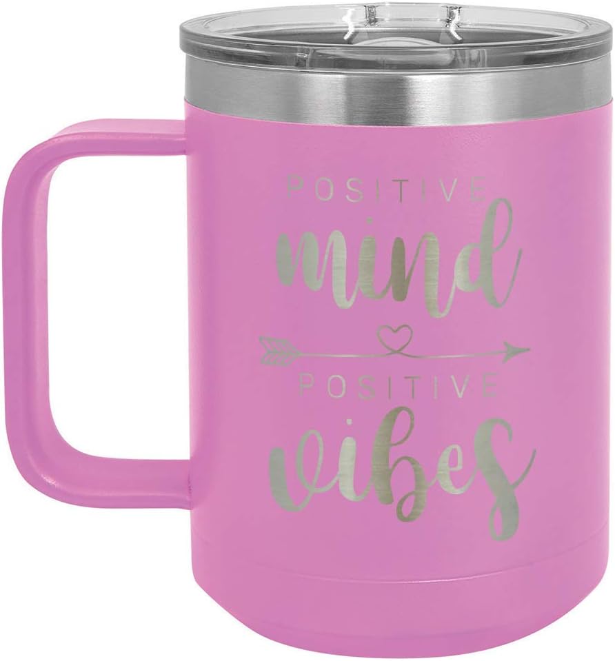 ONLYGIFTS.COM Taza de café con tapa deslizante con vibraciones positivas de mente positiva, de 15 onzas, taza de café de viaje aislada, ideas de