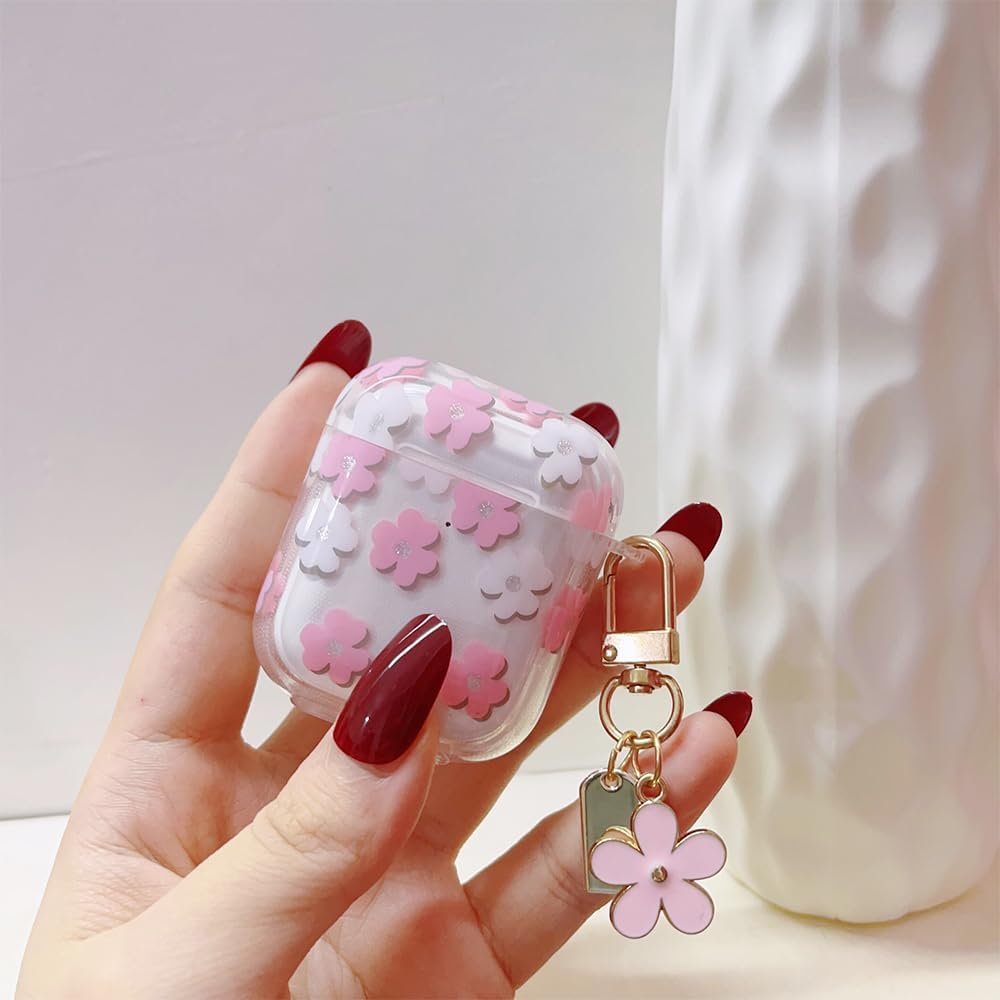 Faneiy Funda protectora para AirPods de 3 generación con llavero, bonita funda protectora para auriculares con diseño floral de flores rosadas, TPU