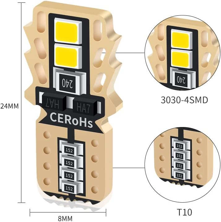 Bombilla LED T10 6000K 194 W5W Bombilla LED para interior del automóvil, 4-SMD Bombillas de repuesto LED Kit de luz interior Luces LED para puerta