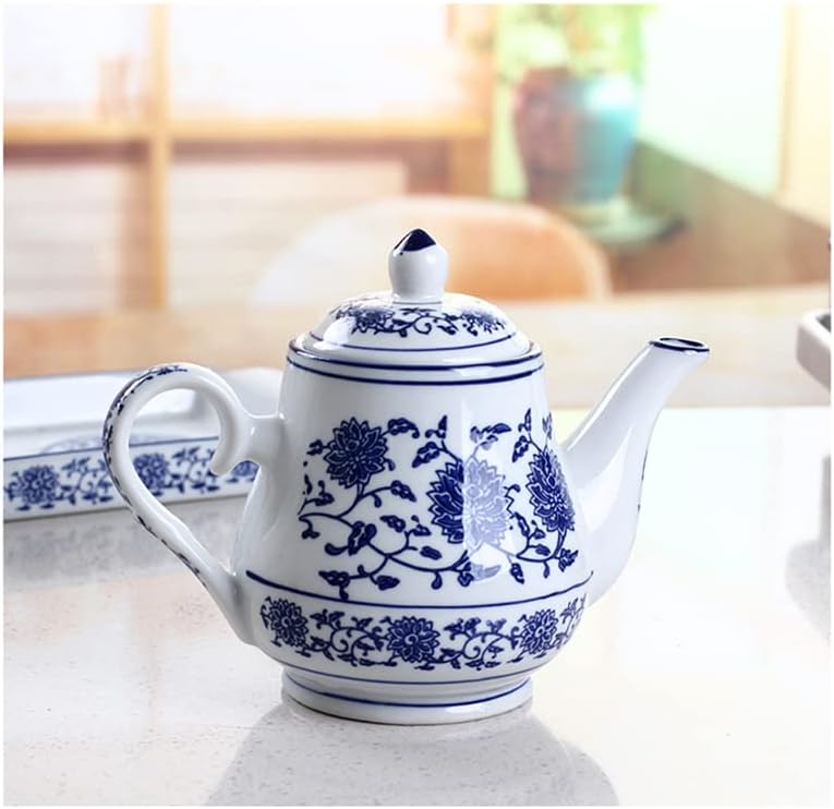 123Arts Tetera pequeña de cerámica azul y blanca, tetera retro con tapa, 16.9 fl oz, 16.5 onzas