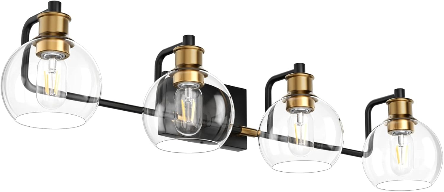Tipace Lámparas industriales para tocador de baño, 4 luces, acabado vintage negro y dorado con globo de vidrio transparente, iluminación de baño de