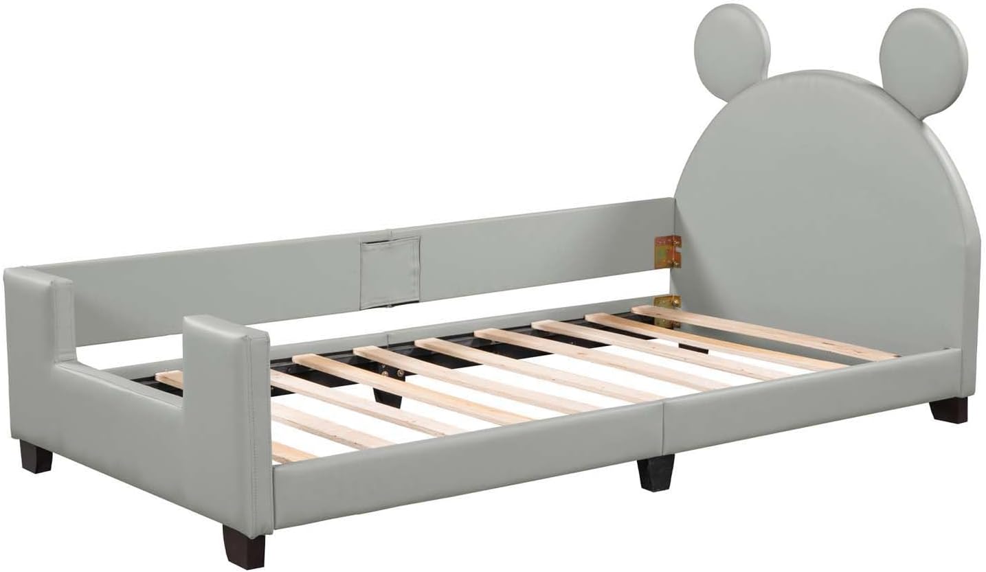 Altillo Cama de plataforma tapizada de cuero de tamaño individual con cabecero de orejas, bonito marco de cama con orejas decorativas para